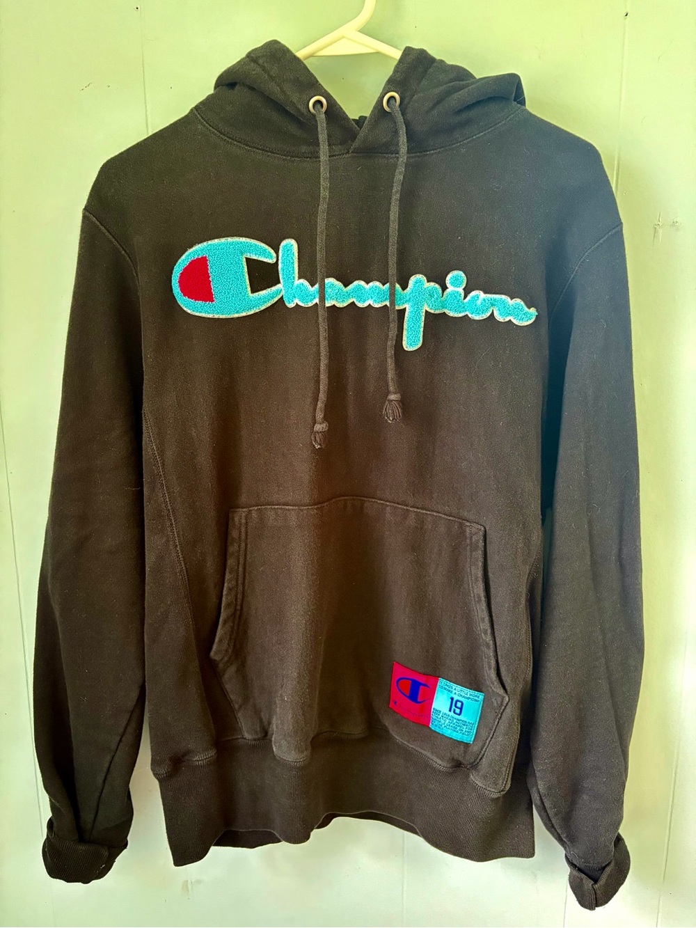 Champion Black Crewneck Hoodie with Teal and Red Script Logo S